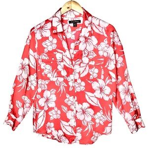 Tommy Bahama Linen Hibiscus Floral Shirt Pink‎ Coral Roll Tab Resort Sz M